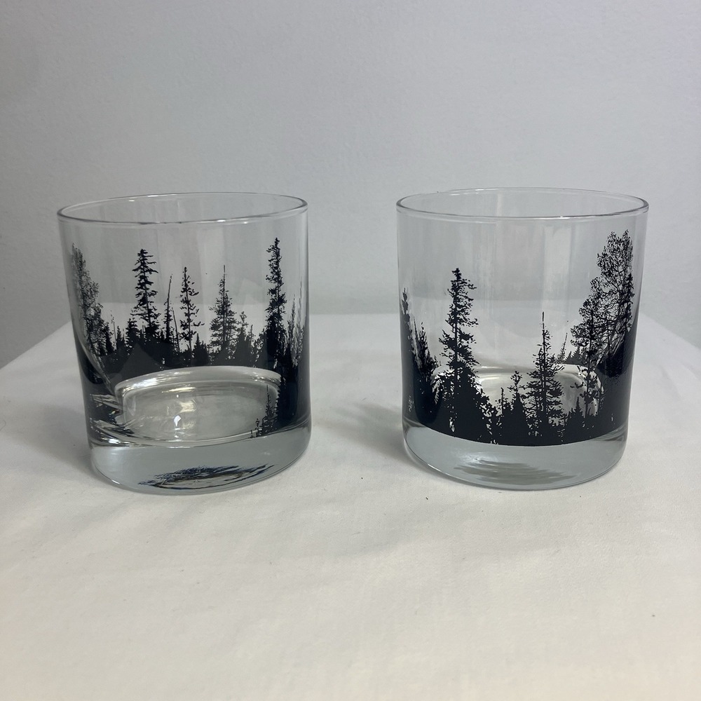 Black Lantern Rocks Glasses Forest Landscape Set of 2 Whiskey 11oz Tumbler 3.5"